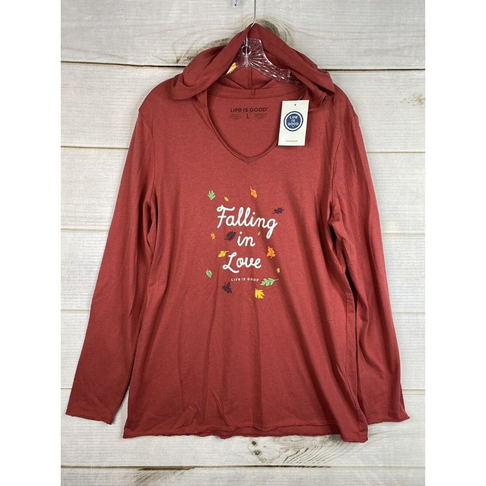 Life Is Good Rust Hooded Long Sleeve Tee with Falling in Love Leaf Graphic
